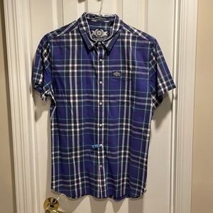 Superdry denim men’s xl short sleeve blue green button down shirt